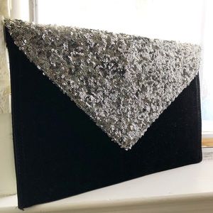 Glittered Black Suede Clutch with Chain straps